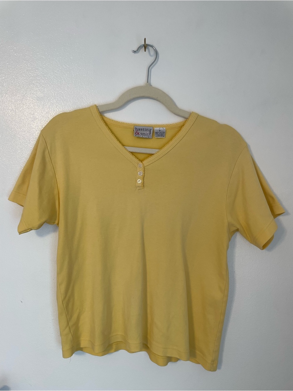 Vintage Hasting & Smith Yellow cotton Henley Knit Top V-Neck Short Sleeve Petite